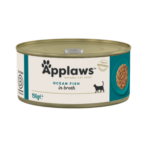 Lata de comida húmeda para gatos Applaws, sabor Pescado del Océano en caldo natural, 156 g (packshot frontal).