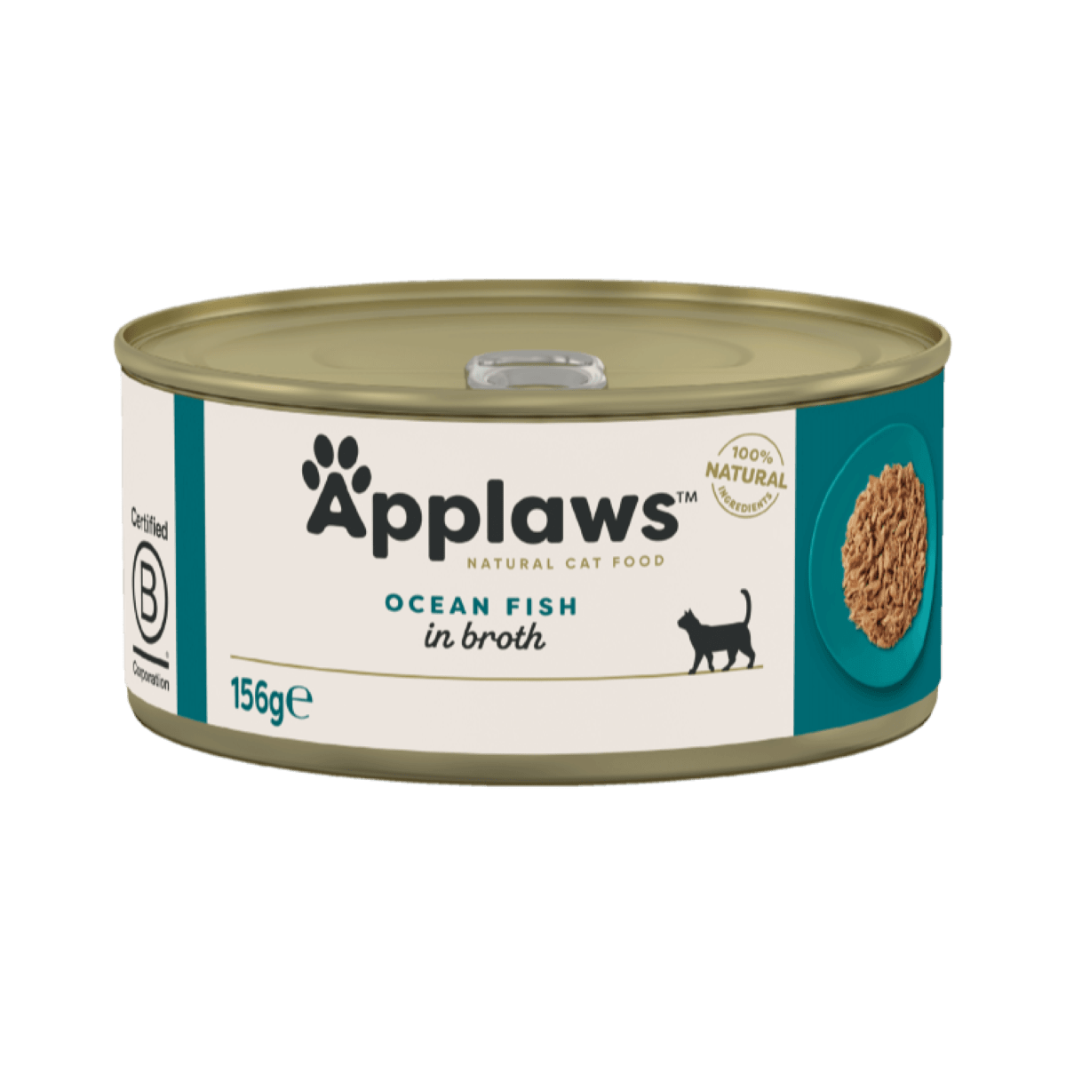 Lata de comida húmeda para gatos Applaws, sabor Pescado del Océano en caldo natural, 156 g (packshot frontal).