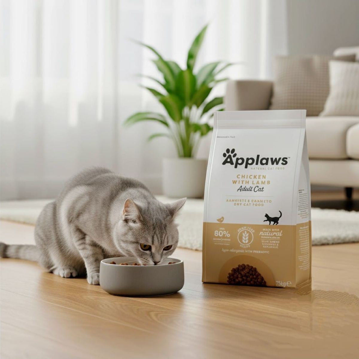 Gato comiendo pienso Applaws pollo y cordero 7,5 kg, sin cereales y 80% proteína animal