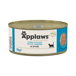 Lata de comida húmeda para gatos Applaws, Filete de Atún con Queso en caldo natural, 156 g (packshot frontal).