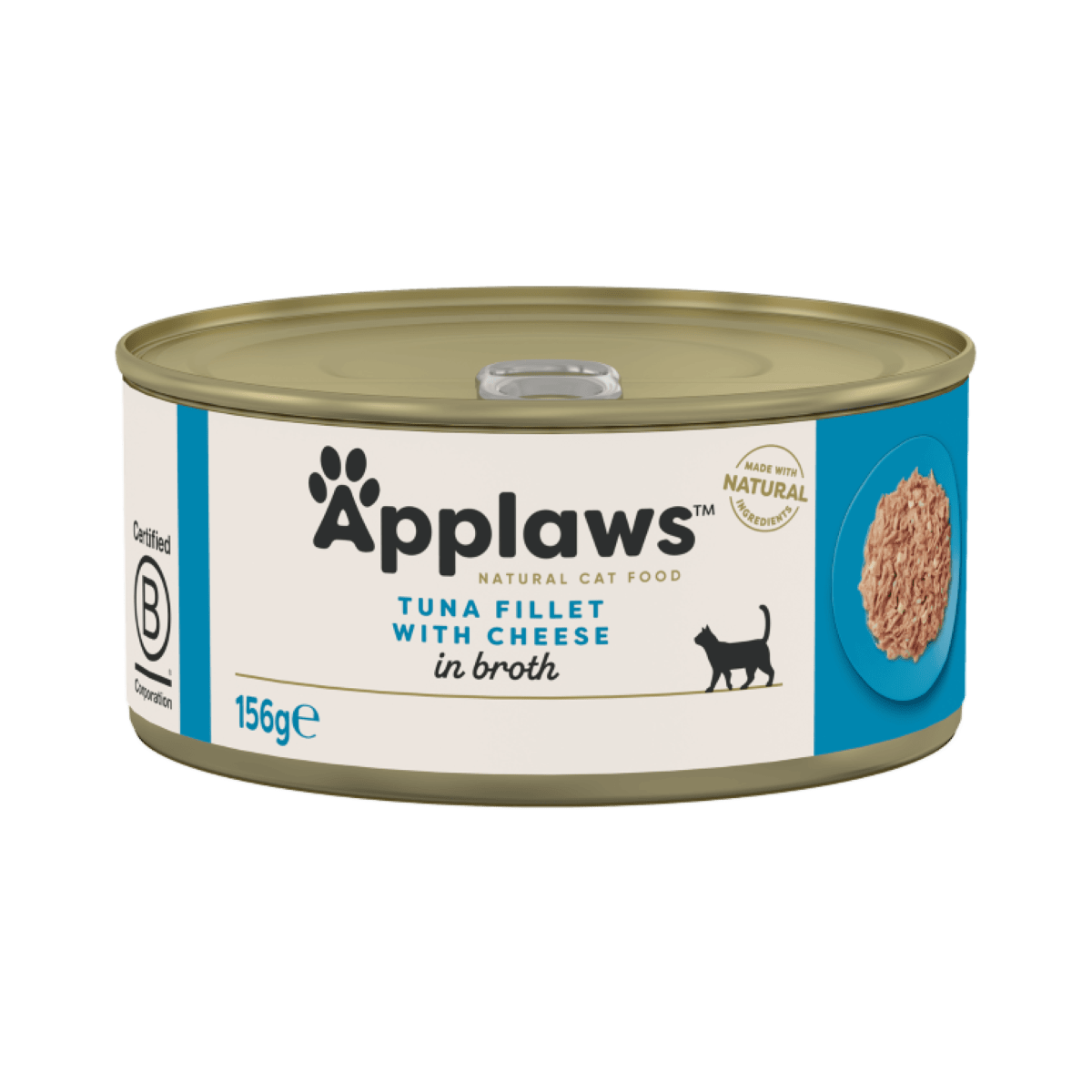 Lata de comida húmeda para gatos Applaws, Filete de Atún con Queso en caldo natural, 156 g (packshot frontal).