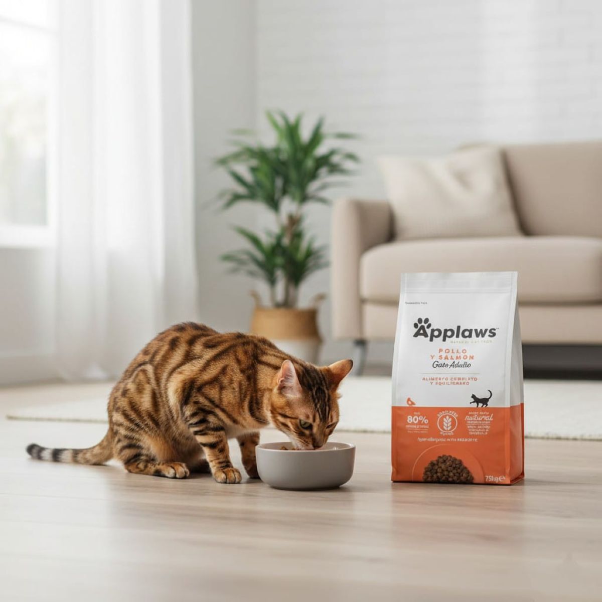 Gato comiendo pienso Applaws pollo y salmón 7,5 kg, sin cereales y 80% proteína animal