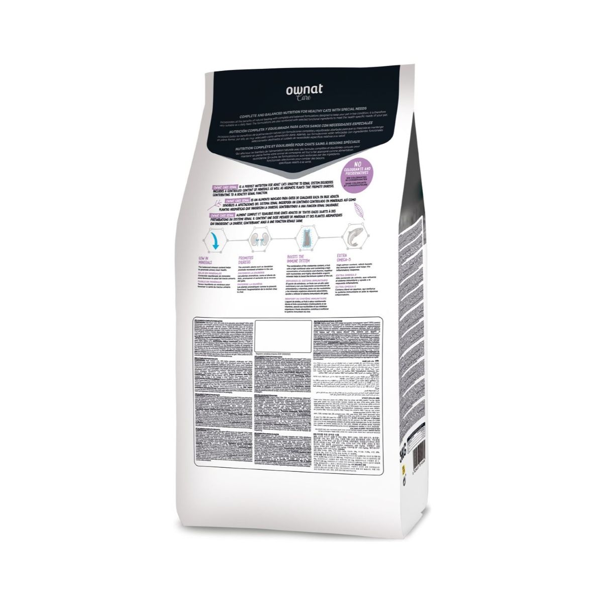 Etiqueta y composición del pienso renal para gatos Ownat Care Renal 3 kg