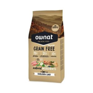 Pienso para gatos Ownat Grain Free Prime Piel y Pelo 3 kg sin cereales – vista frontal del saco