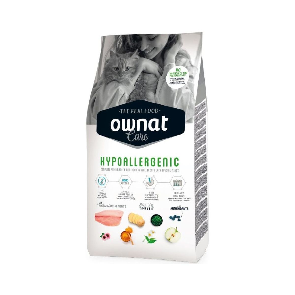 Pienso para gatos Ownat Care Hypoallergenic de pescado sin cereales, saco frontal de 3 kg