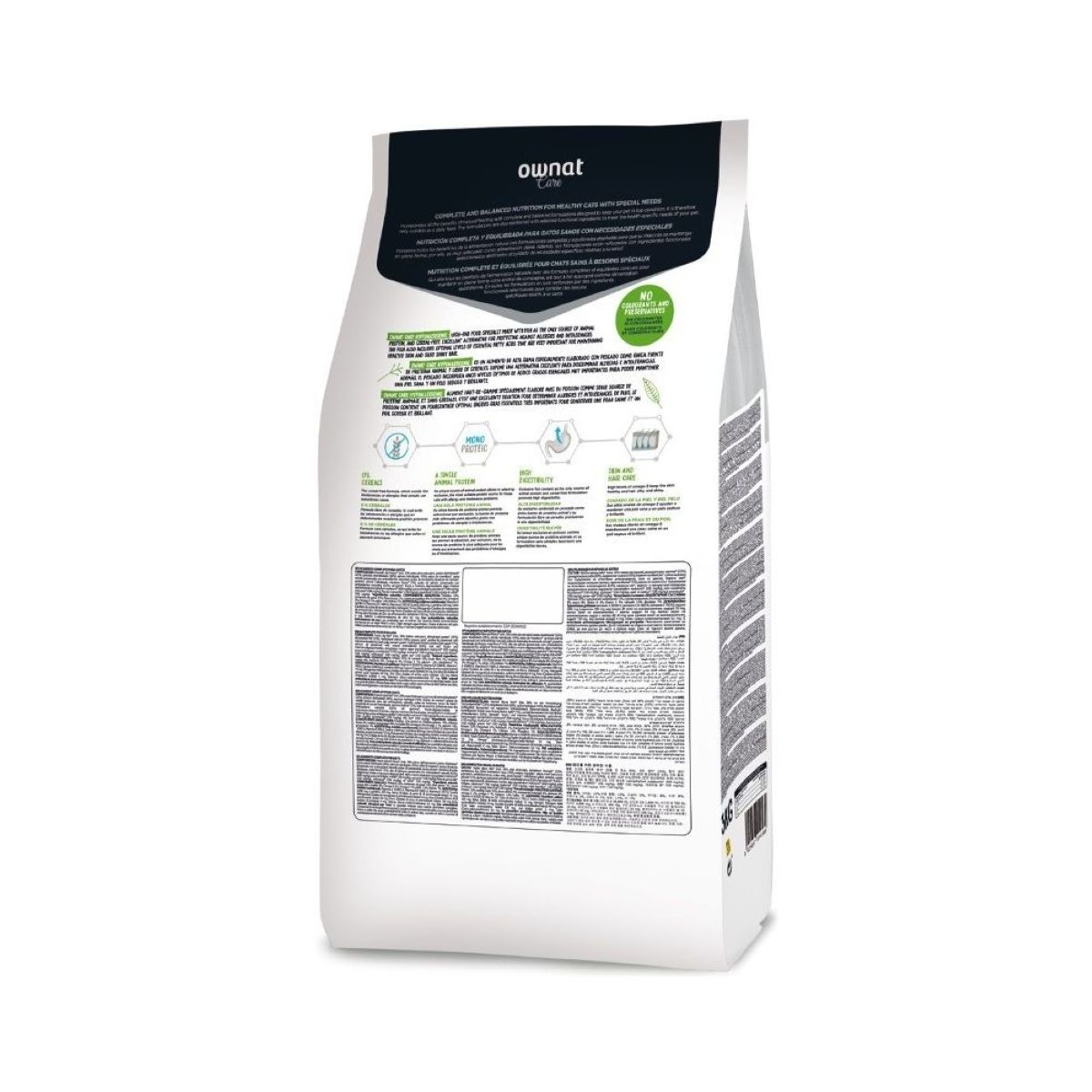 Parte trasera del saco de Ownat Care Hypoallergenic para gatos, información nutricional y composición