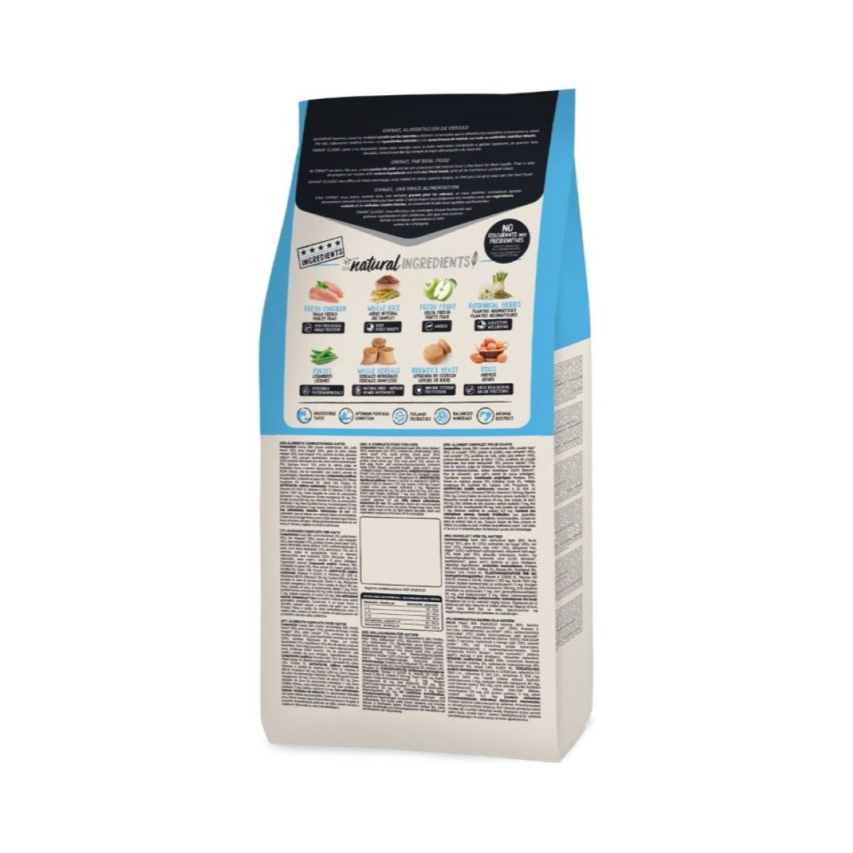 Parte trasera Ownat Classic Kitten con ingredientes, composición y tabla de raciones para gatitos