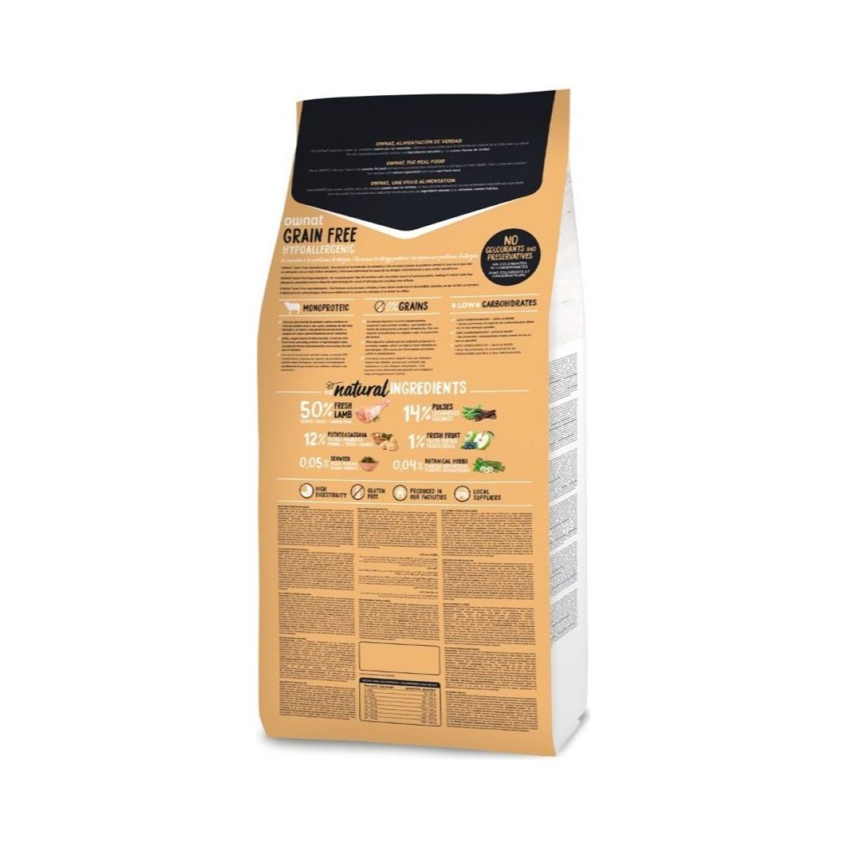 Ownat Grain Free Hypoallergenic Lamb — información nutricional del saco (parte trasera)